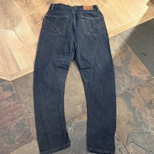 William Rast SLOUCH dark blue jeans Tapered leg Button Fly 32/34 men tan stitch